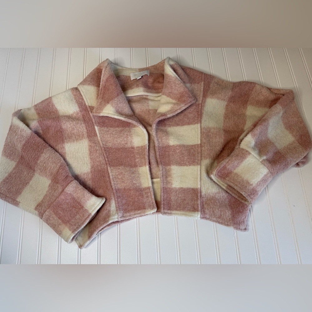 Ett:wa by Anthropologie Cropped Plaid Wool-Blend Jacket Pink Cream XS 1708